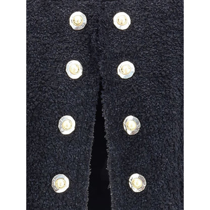 Close-up of Balmain Black Polyamide Coat with gold coin buttons, showcasing luxury and elegance.