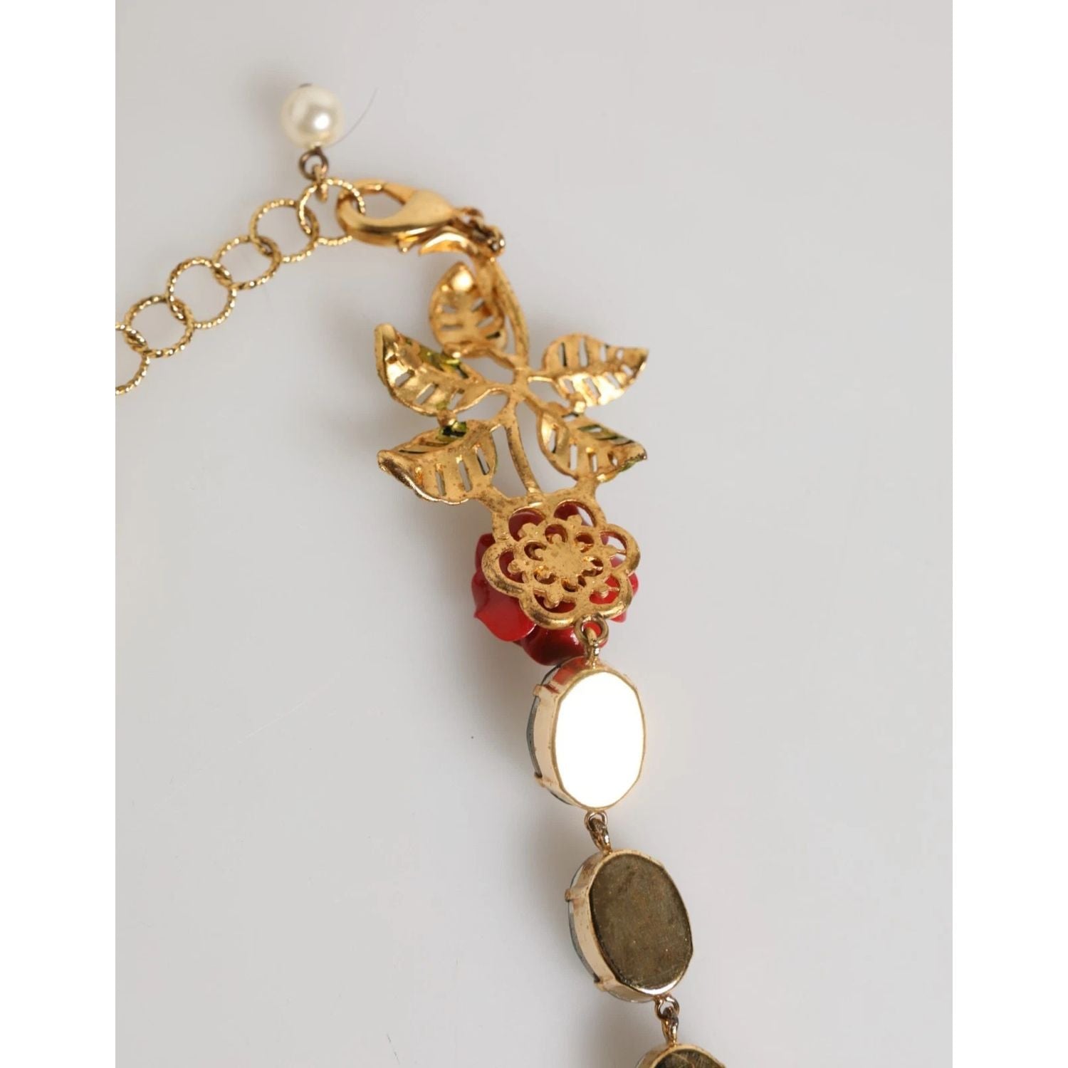 Dolce & Gabbana Red Rose Green Crystal Gold-Tone Chain Necklace