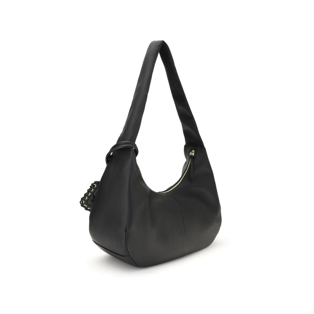 Ganni Black Recycled Polyester Shoulder Bag with gold-tone details and practical zipper closure, featuring a sleek leather design.