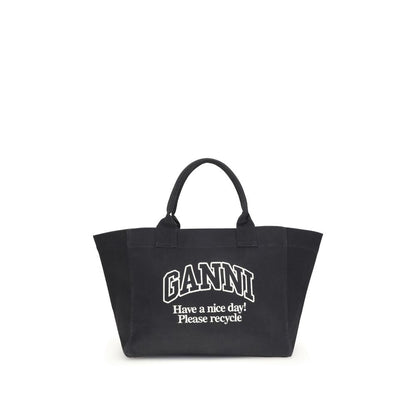 Ganni Black Cotton Shoulder Bag with logo and top handles, spacious interior, AW25 collection, made of 100% cotton, eco-friendly design.
