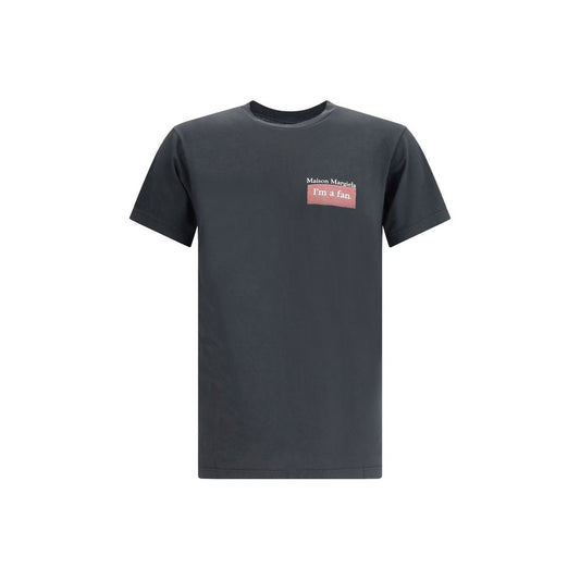 Margiela Black Cotton T-Shirt with logo print, featuring a ribbed crew neck for comfortable fit, expressing minimalist style.