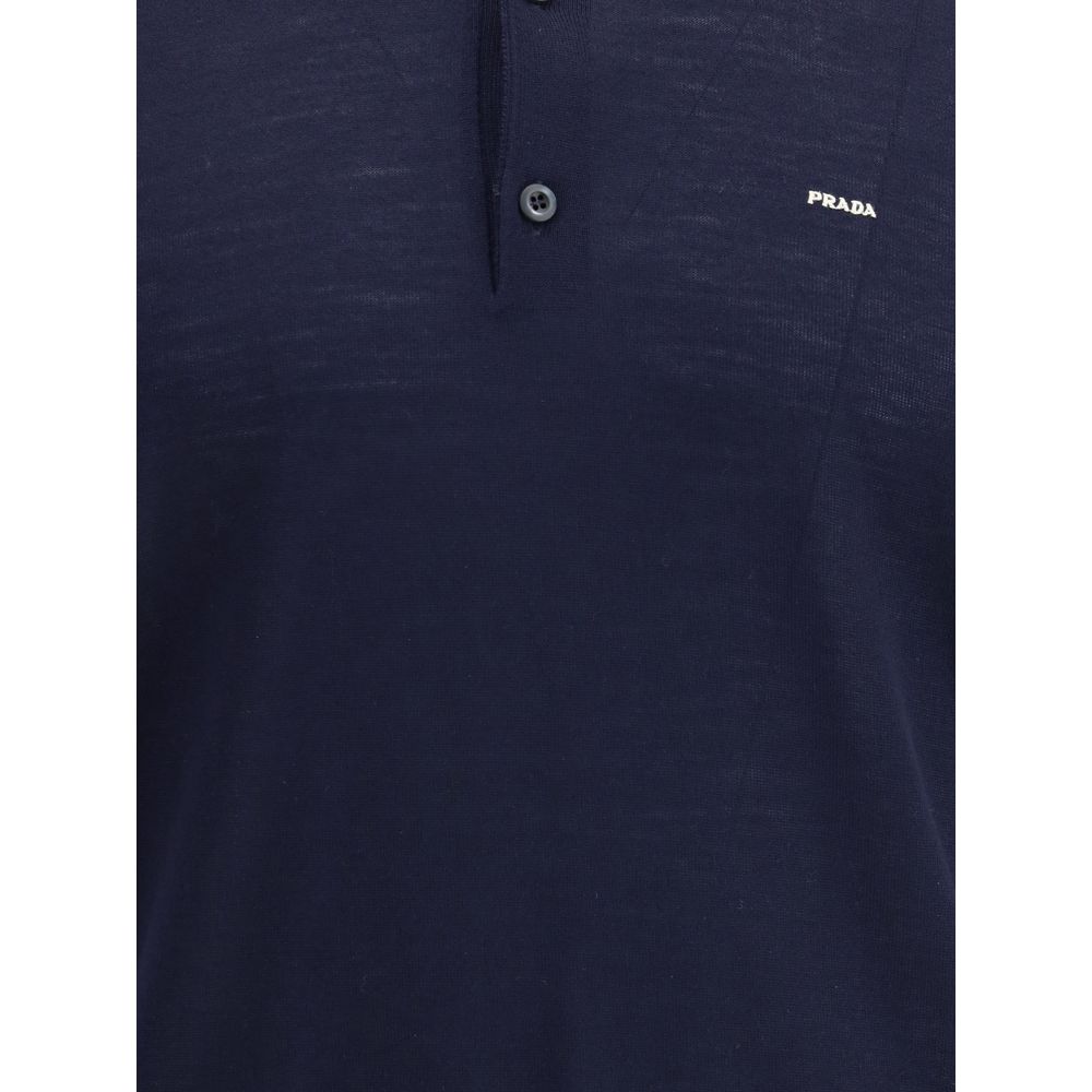 Prada Blue Fleece Wool Polo Shirt featuring a classic ribbed collar and subtle logo for sophisticated style.