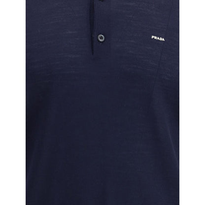 Prada Blue Fleece Wool Polo Shirt featuring a classic ribbed collar and subtle logo for sophisticated style.