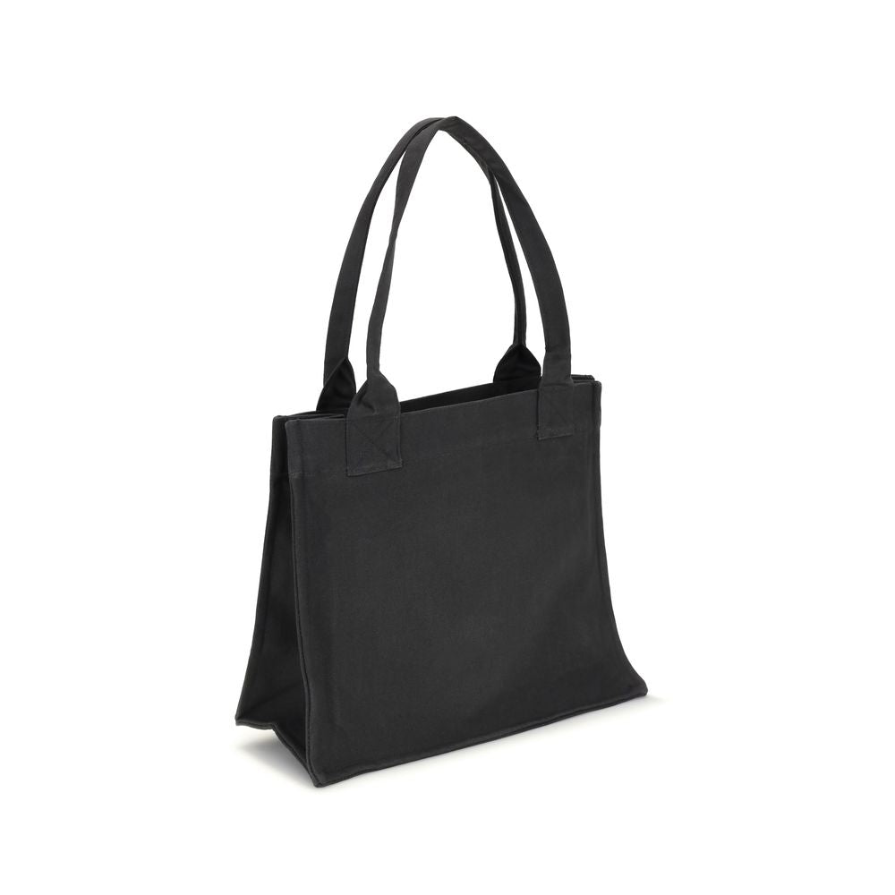 Ganni Black Cotton Shoulder Bag with recycled cotton lining, top handles, and interior zippered pocket, promoting sustainability.