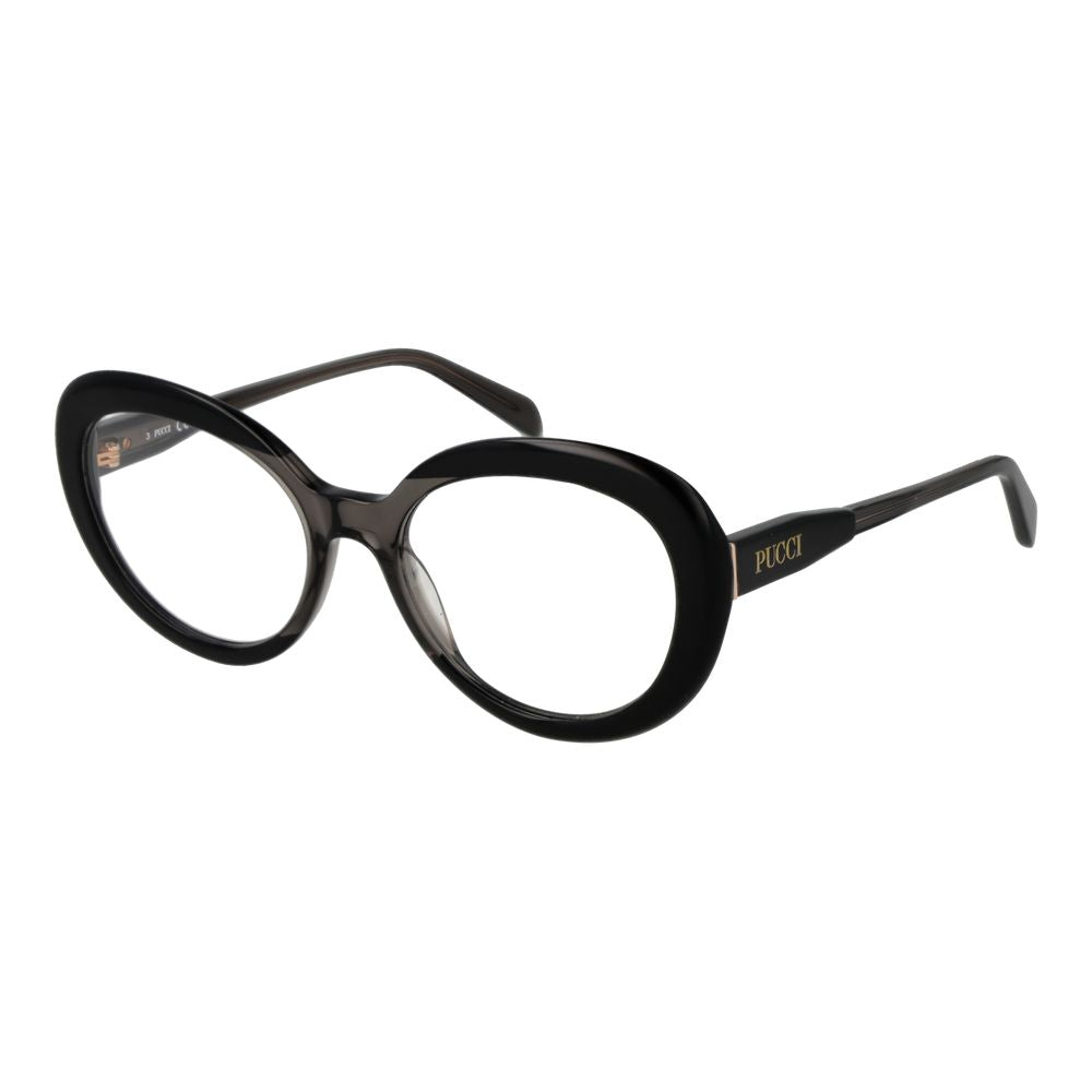 Emilio Pucci Black Women Glasses Frame in acetate with full-rim round style, demo lenses, size 53-18-140, includes branded case.