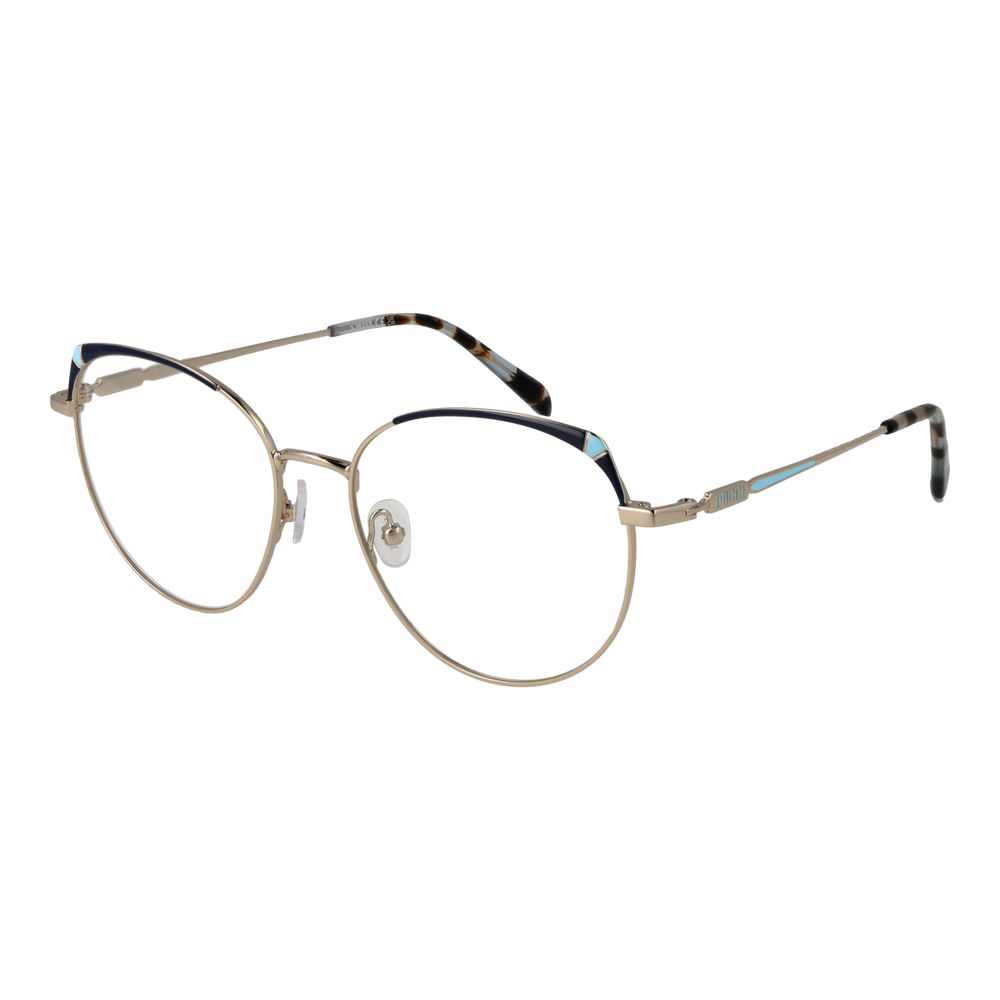 Emilio Pucci Gold Women Glasses Frame with metal full-rim, round style and demo lenses, includes branded case.