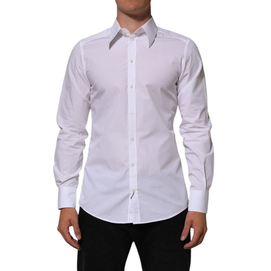 Dolce & Gabbana White Cotton MARTINI Men Formal Dress Shirt, slim fit, classic collar, long sleeve, perfect for business or events.