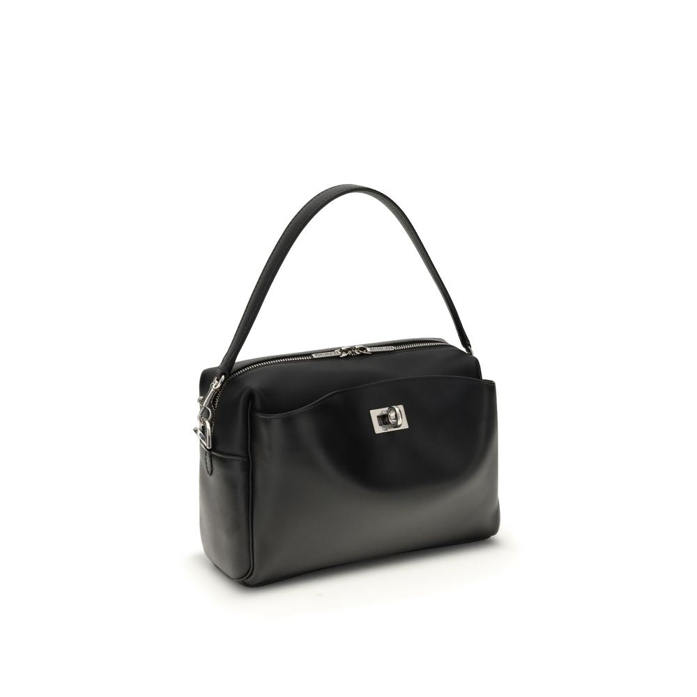 Balenciaga Black Calf Leather Bos Taurus Shoulder Bag with silver-tone hardware and versatile strap options.
