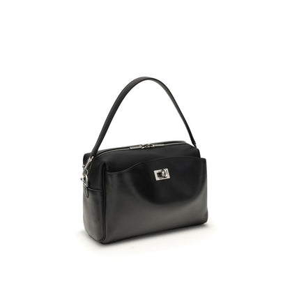 Balenciaga Black Calf Leather Bos Taurus Shoulder Bag with silver-tone hardware and versatile strap options.