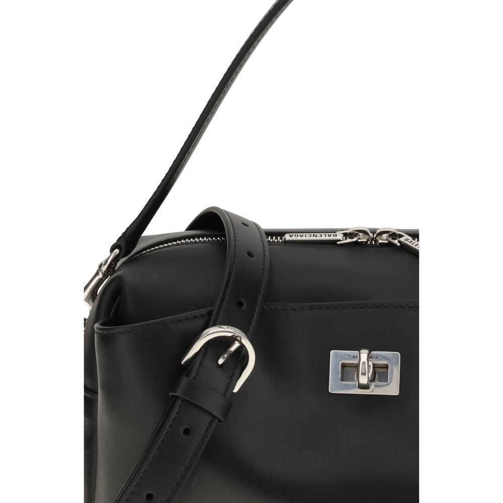 Balenciaga Black Calf Leather Bos Taurus Shoulder Bag with silver-tone hardware and adjustable strap close-up view