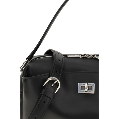 Balenciaga Black Calf Leather Bos Taurus Shoulder Bag with silver-tone hardware and adjustable strap close-up view