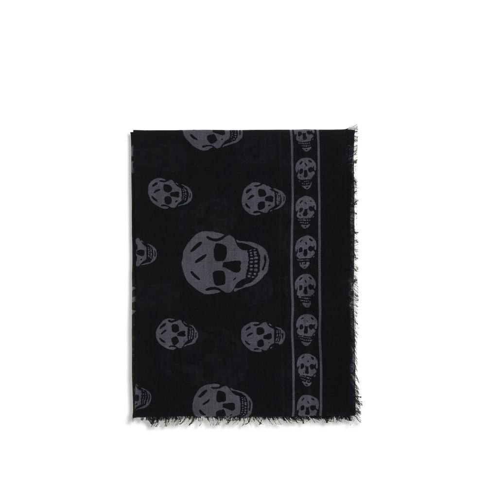Alexander McQueen Black Modal Scarf with skull motif and fringed edges, made of silk and modal blend in black and dark grey.