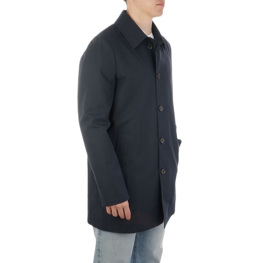 Aquascutum Blue Cotton Jacket - Men's waterproof coat with button closure, slanted pockets, checkered lining, and relaxed fit.