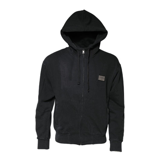 Dolce & Gabbana Black Logo FullZip Hooded Sweatshirt Sweater in 100% cotton with a zip closure and hood, showcasing luxury streetwear fashion.