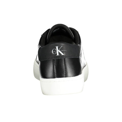 Calvin Klein Black Polyester Sneaker with contrasting details and logo, made from 50% recycled polyester. Rear view of sports shoe.