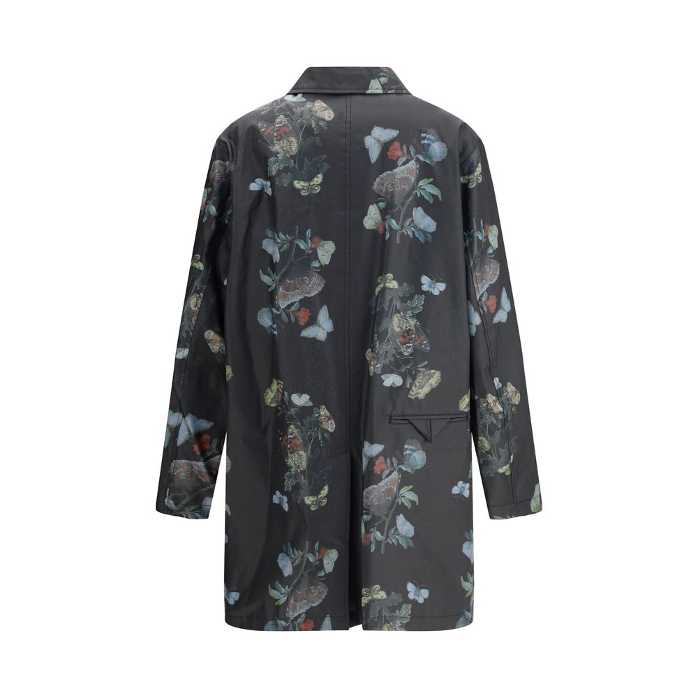 Undercover Black Cotton Coat with butterfly pattern, waxed cotton raincoat, balmacaan style, autumn-winter outerwear