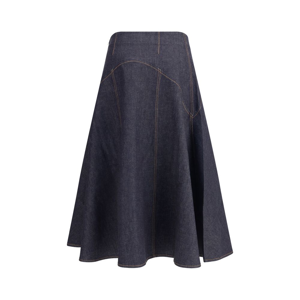 Jacquemus Blue Cotton Midi Skirt with contrast stitching and 'J' embroidery, flared design, 100% cotton, AW25 collection, versatile style.