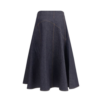 Jacquemus Blue Cotton Midi Skirt with contrast stitching and 'J' embroidery, flared design, 100% cotton, AW25 collection, versatile style.