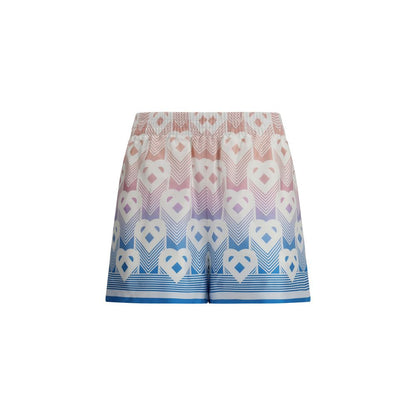 Casablanca Multicolor Silk Bermuda Shorts with degradé heart pattern, elastic waist, and striped hem detailing.