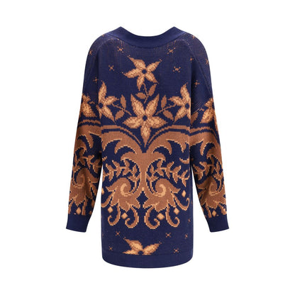 Back view of Etro Multicolor Wool Cardigan with floral piazzato pattern and oversize fit, showcasing luxurious jacquard wool design.