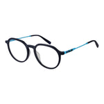 Fila Blue Unisex Glasses Frame in stainless steel, full-rim style with demo plastic lenses, size 51-18-140, panto style.