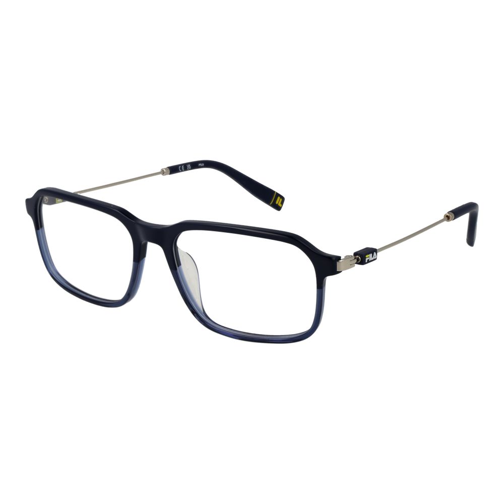 Fila Blue Men Glasses Frame in full-rim rectangle style with metal frame, demo lenses, size 55-16-145, blue color.