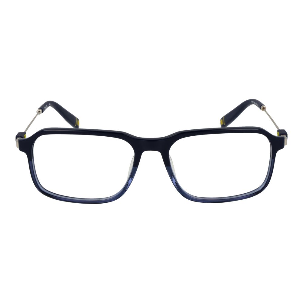 Fila Blue Men Glasses Frame - full-rim metal rectangle design, blue color, size 55-16-145, 55mm lens width, demo plastic lenses included.