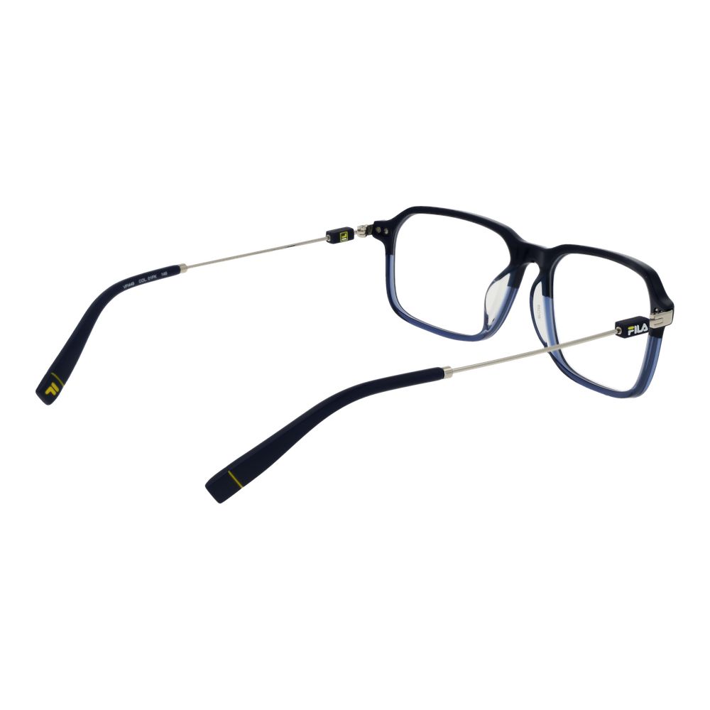 Fila Blue Men Glasses Frame in metal with full-rim rectangle style, blue color, and demo plastic lenses, size 55-16-145.