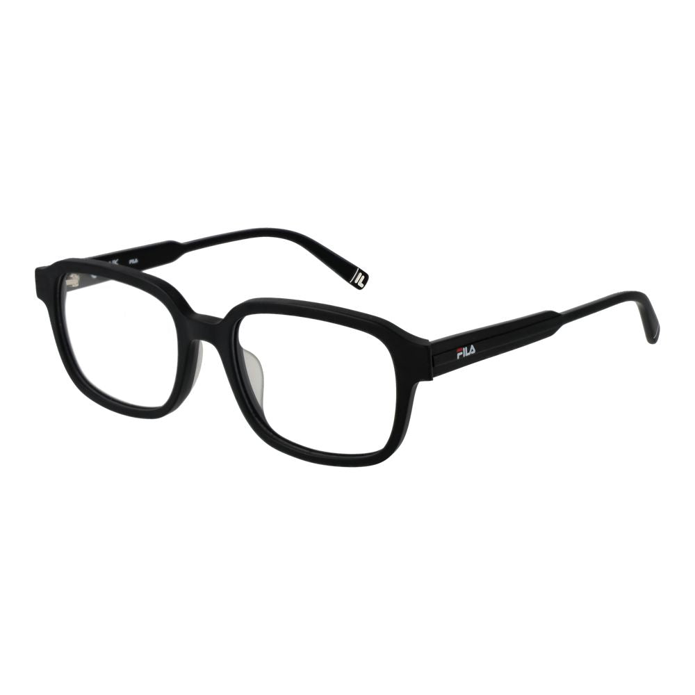 Fila Black Men Glasses Frame, full-rim square design, cellulose acetate, demo lenses, size 51-17-140, includes branded case.