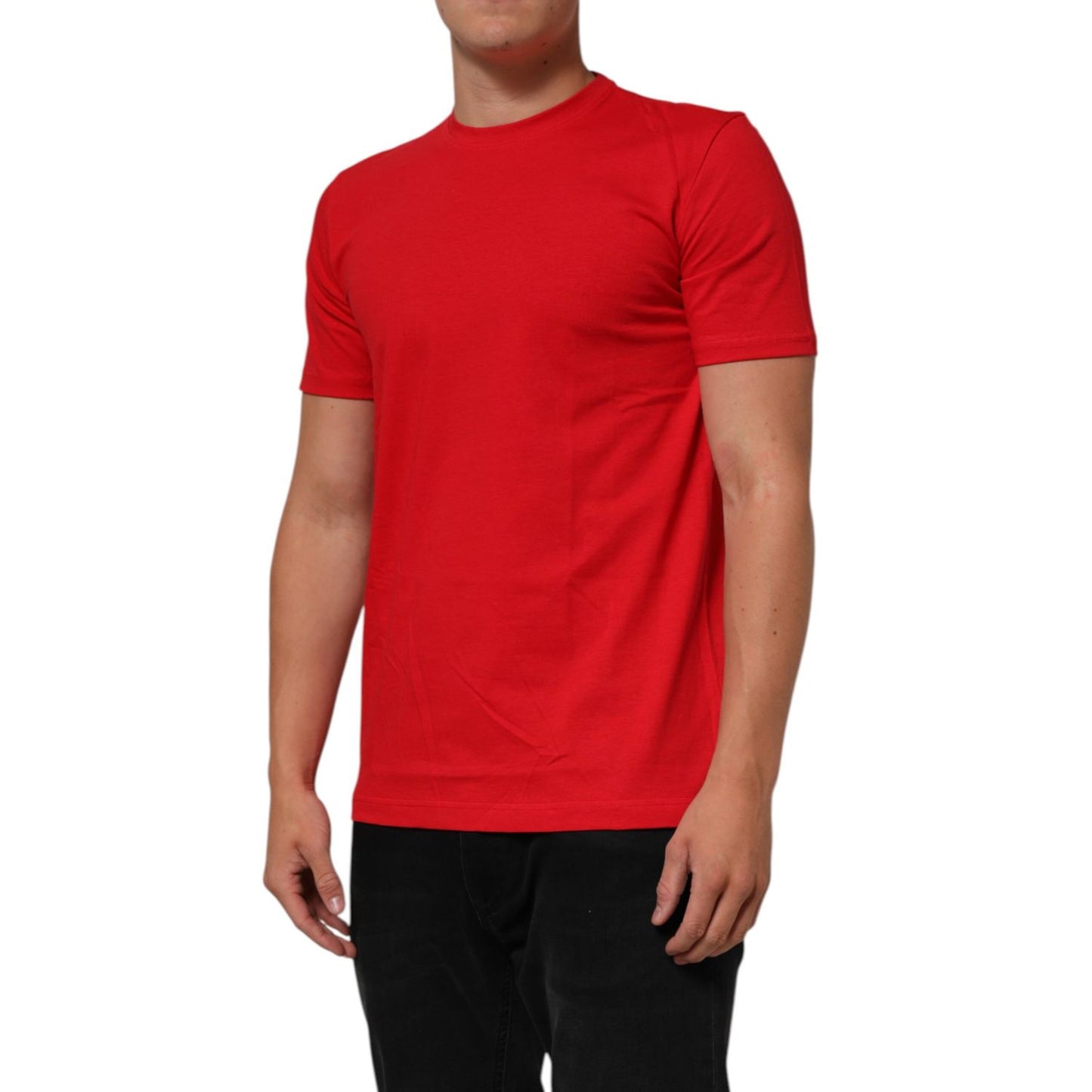 Dolce & Gabbana Red Goodluck 2023 Cotton Crew Neck T-shirt worn by a model, short sleeves, comfortable fit, high-quality material.