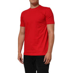 Dolce & Gabbana Red Goodluck 2023 Cotton Crew Neck T-shirt worn by a model, short sleeves, comfortable fit, high-quality material.
