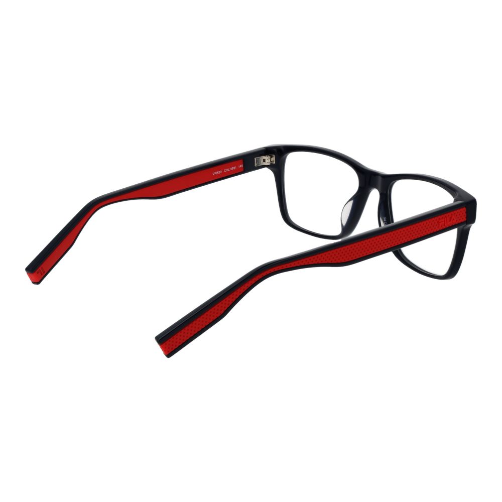 Fila Blue Men Glasses Frame in black with red accents, full-rim, rectangle style. Includes demo lenses and branded case.