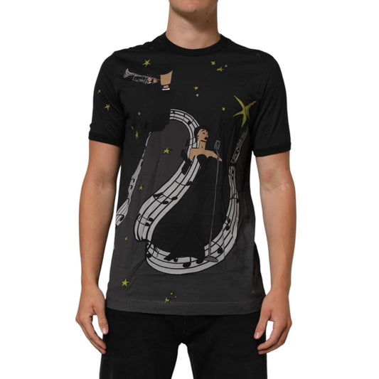 Dolce & Gabbana Black Musical Print Cotton Crew Neck T-shirt with striking design, worn by male model.