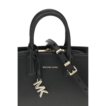 Close-up of the Michael Kors Black Calf Leather Bos Taurus Shoulder Bag with gold-tone details.