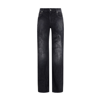 Balenciaga Black Cotton Relaxed Fit Jeans with faded, worn-in look, crinkled finish, mid-rise waist, and five pockets for casual style.