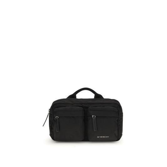 Givenchy Black Polyamide Shoulder Bag with two front zip pockets, leather pull, and silver-tone logo detailing. Perfect for urban style.