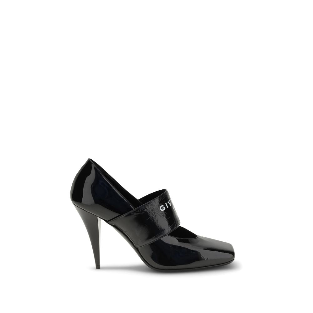 Givenchy Black Calf Leather Bos Taurus High Heel Pumps with square toe and conical heel, featuring front strap with GIVENCHY logo.