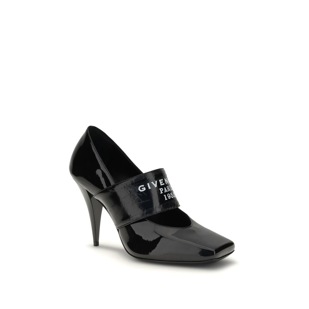 Givenchy Black Calf Leather Bos Taurus High Heel Pumps with square toe and conical heel, featuring a logo strap for a modern look.