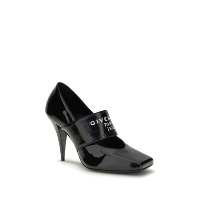 Givenchy Black Calf Leather Bos Taurus High Heel Pumps with square toe and conical heel, featuring a logo strap for a modern look.