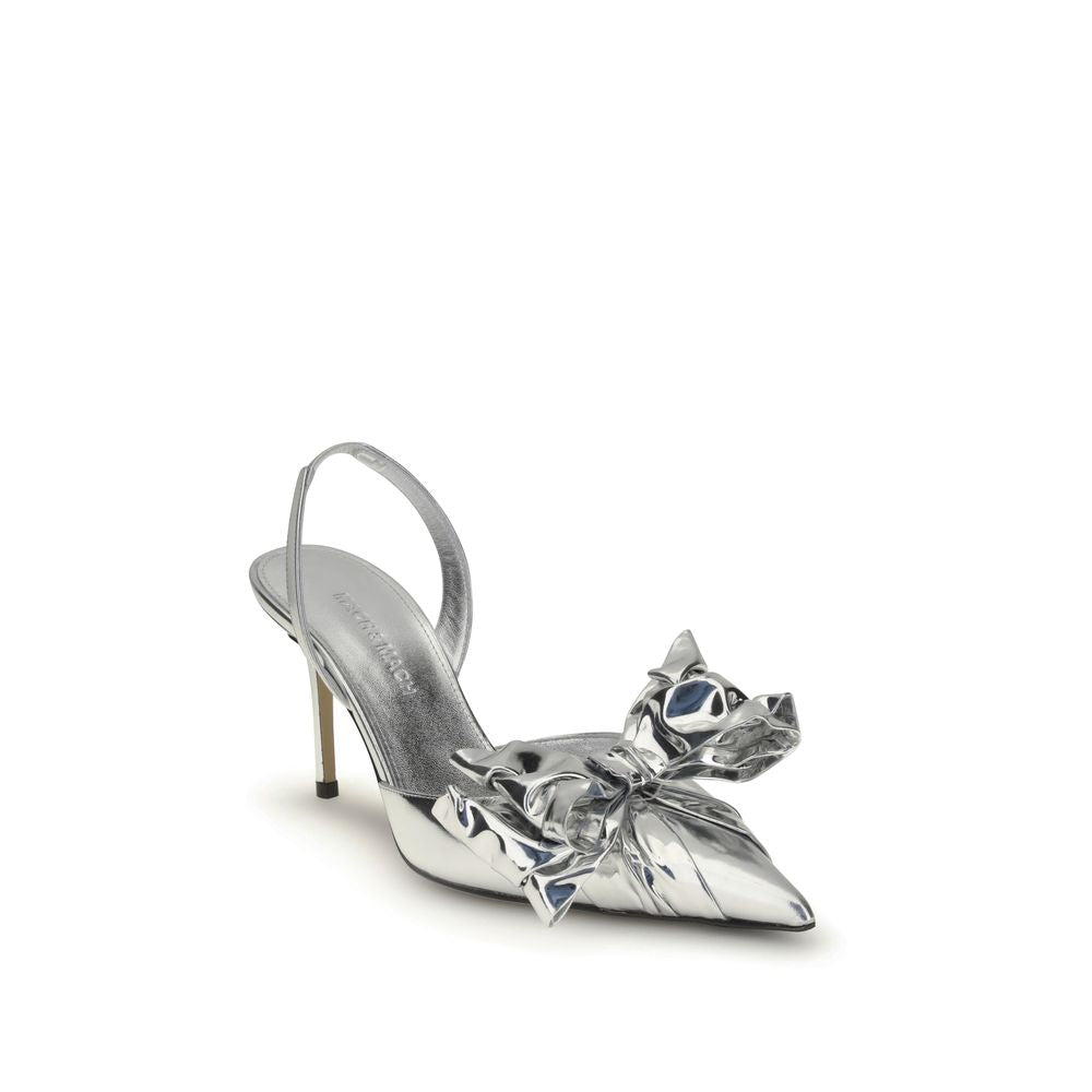 MACH & MACH Silver Leather High Heel Pumps with bow and ankle strap, perfect for elegant and glamorous looks, crafted in metallic leather.