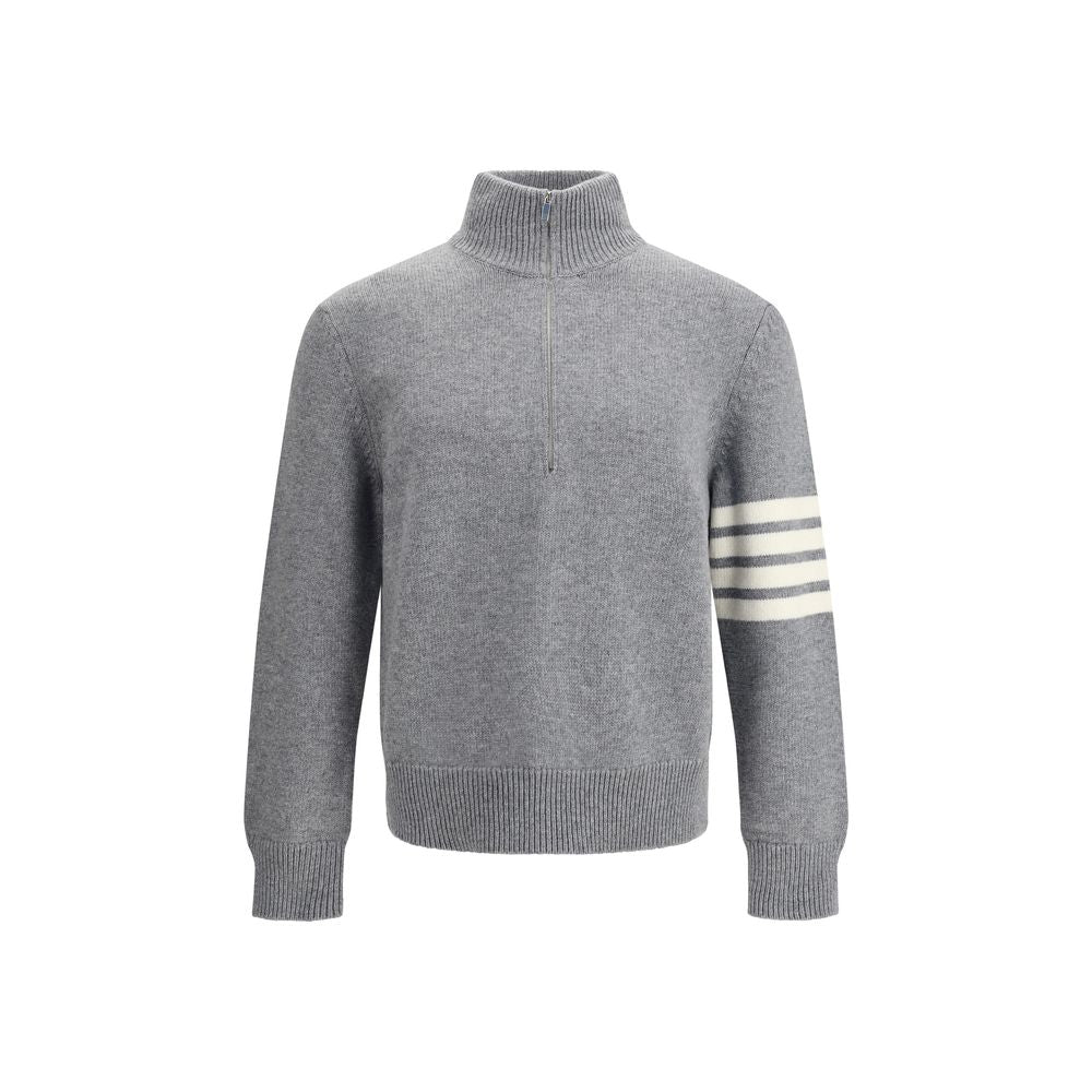 Thom Browne Gray Fleece Wool Sweatshirt with 4-Bar intarsia and half-zip collar, blending comfort and sophistication.