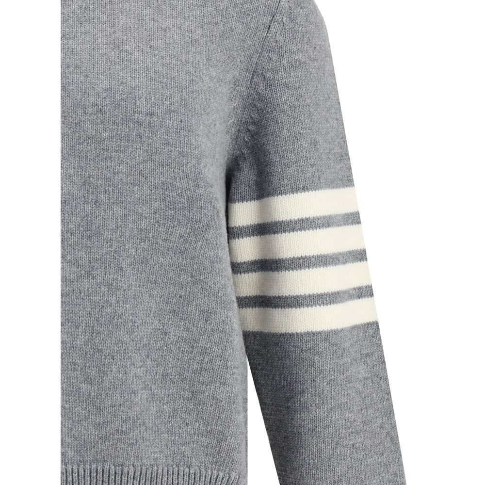 Thom Browne Gray Fleece Wool Sweatshirt with 4-Bar intarsia sleeve detail, featuring a sporty half-zip and oversized fit.