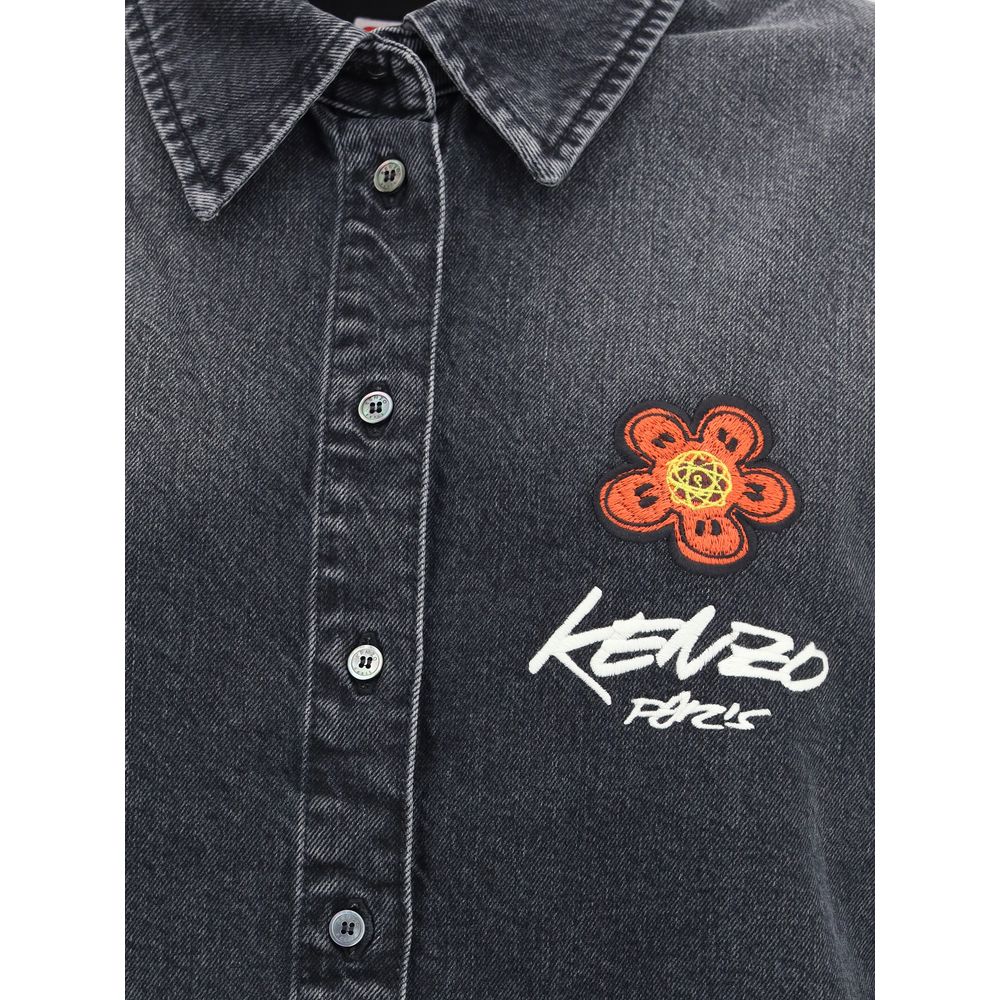 Kenzo Black Denim Shirt with Futura 2000 Boke Flower embroidery, featuring a classic collar and button closure. Oversize fit AW25.