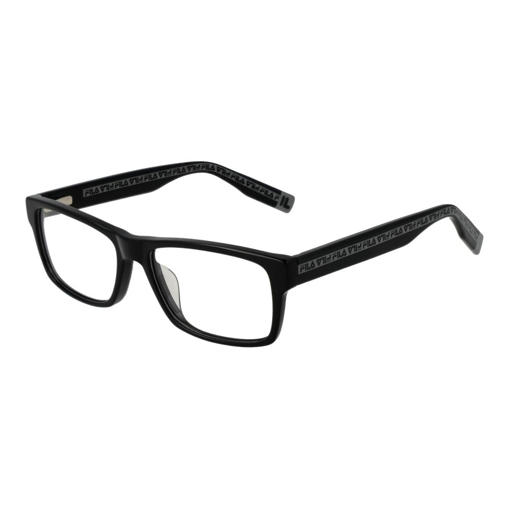 Fila Black Men Glasses Frame, full-rim rectangular style, cellulose acetate material, demo lenses, black frame, includes branded case.