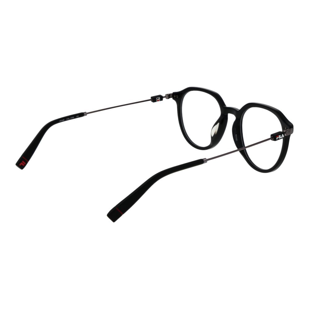Fila Black Unisex Glasses Frame with metal full-rim design and demo lenses, size 50-20-145, panto style, in black.