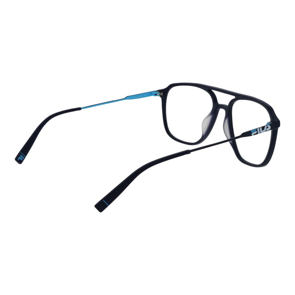 Fila Blue Men Glasses Frame in full-rim aviator style, metal and plastic material, demo lenses, 54-18-145 dimensions.