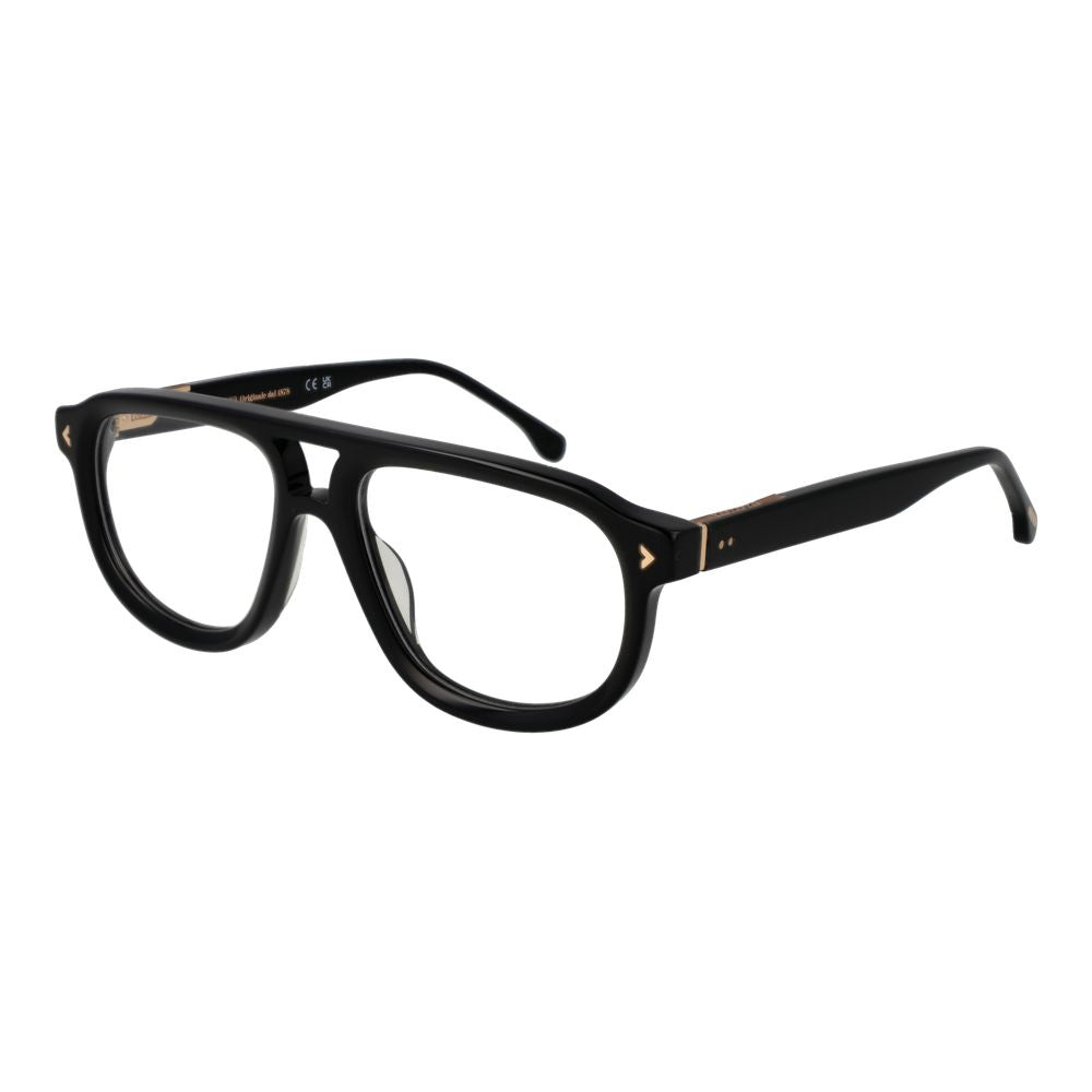 Lozza Black Men Glasses Frame with full-rim cellulose acetate, size 55-18-145, featuring aviator style, demo lenses, and branded case.