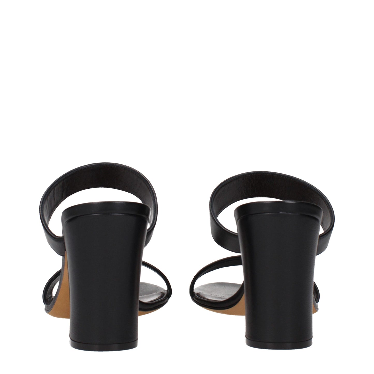 Back view of The Row Black Leather Stiletto Heel Sandals with wide straps and sturdy heels, MPN F1595SL3BLK, stylish and elegant design.