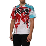 Dolce & Gabbana White Graffiti Crew Neck Short Sleeves T-shirt on mannequin, showcasing urban style and bold graffiti print.