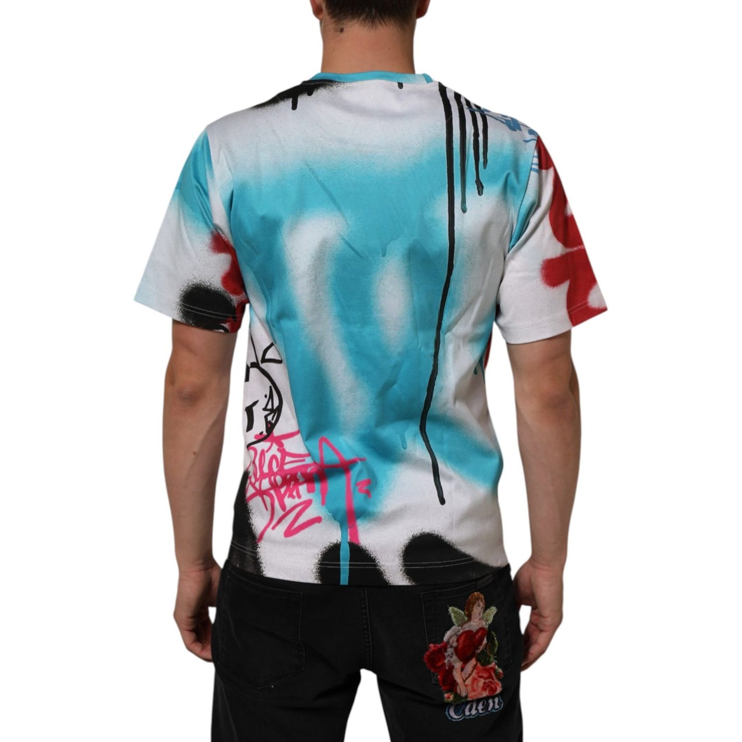Back view of Dolce & Gabbana White Graffiti Crew Neck Short Sleeves T-shirt with urban graffiti print.